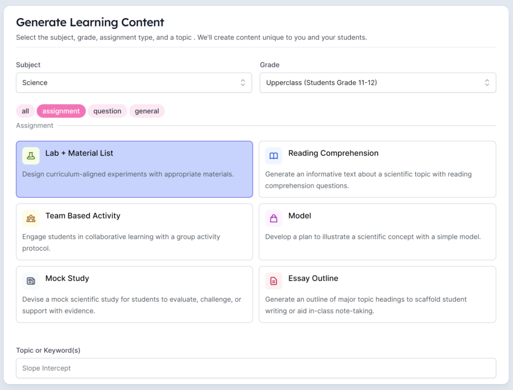 EduAide, an AI tool for educators, provided options for learning content generation