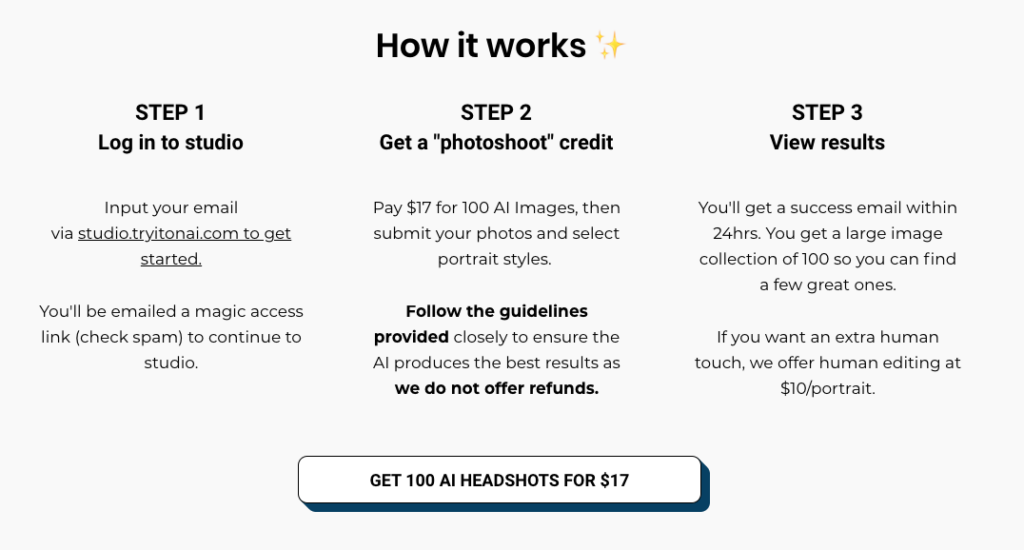 Image of three steps to get headshots through Try It On, an AI tool for generating headshots. 