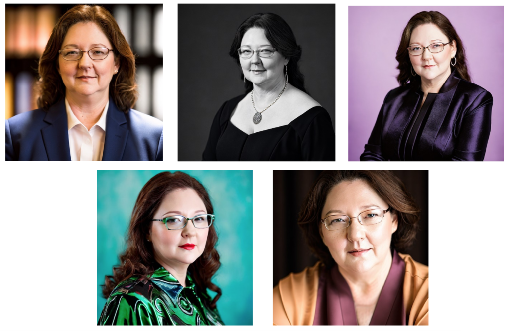 Five headshots of Lori Gracey, TCEA's executive director, that were generated by Try It On. 