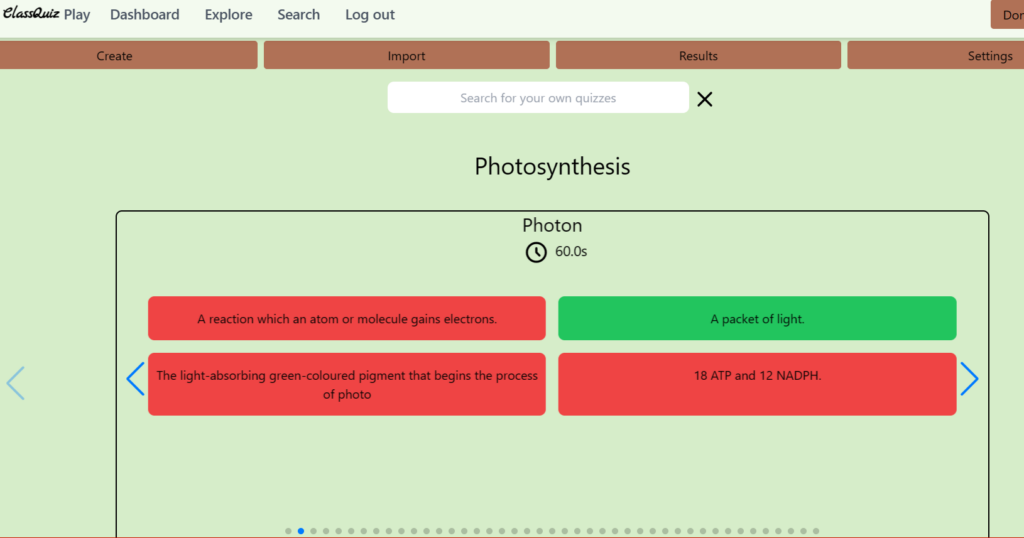 Example of Kahoot Photosynthesis question imported to Classquiz