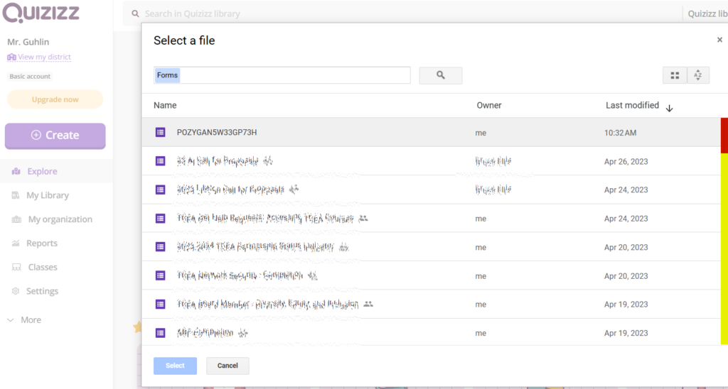 Quizziz view of Google Drive files.