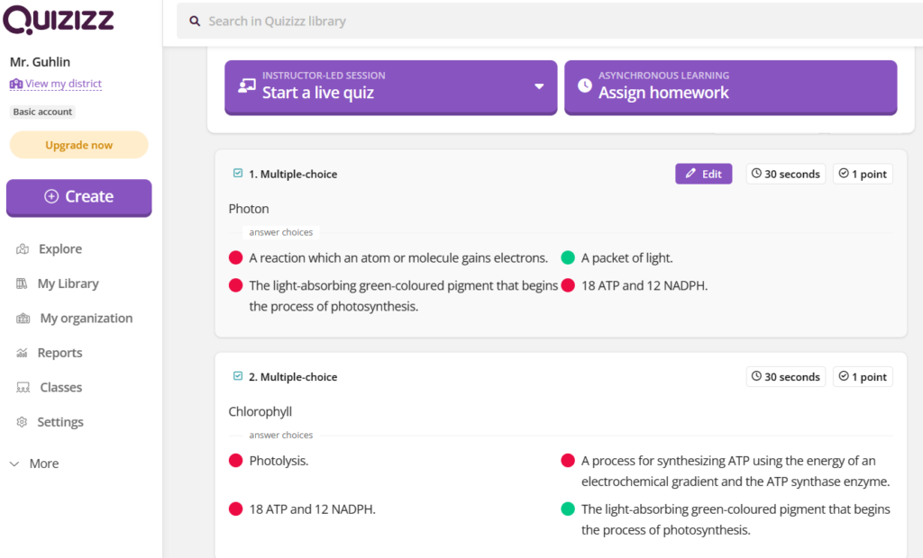 Quizziz quiz view after import