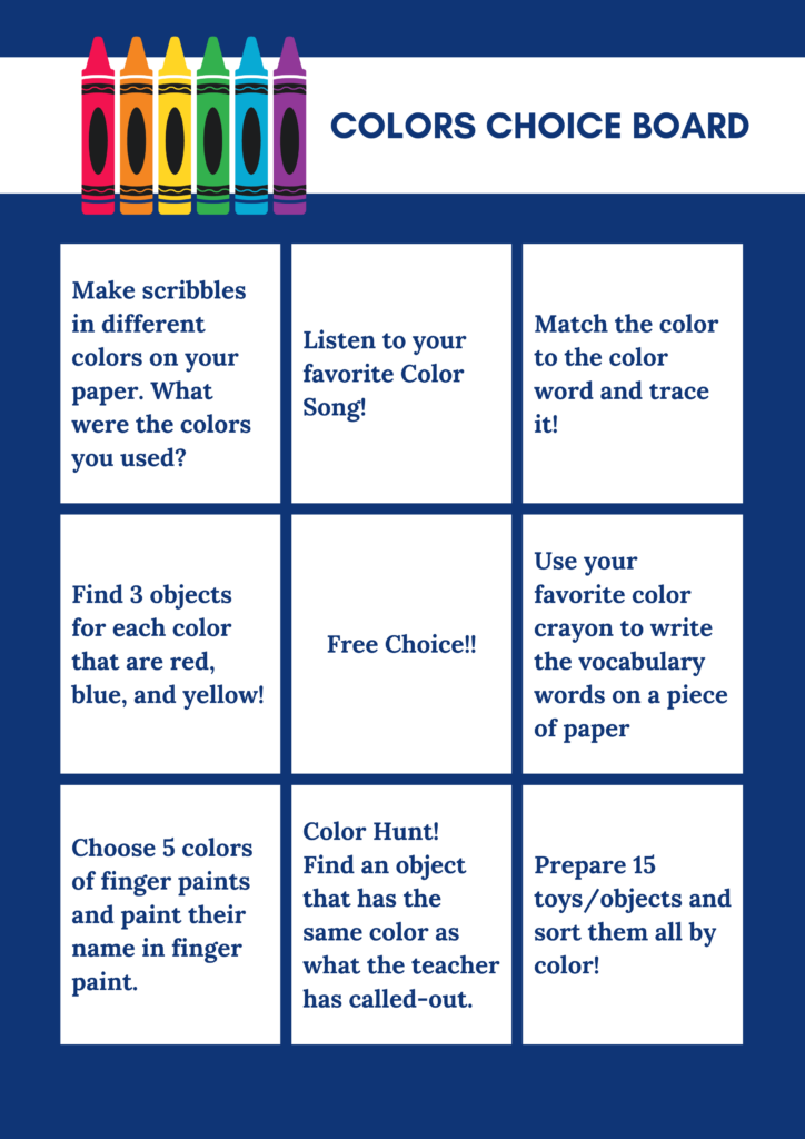A colors choice board example made from a Canva template.