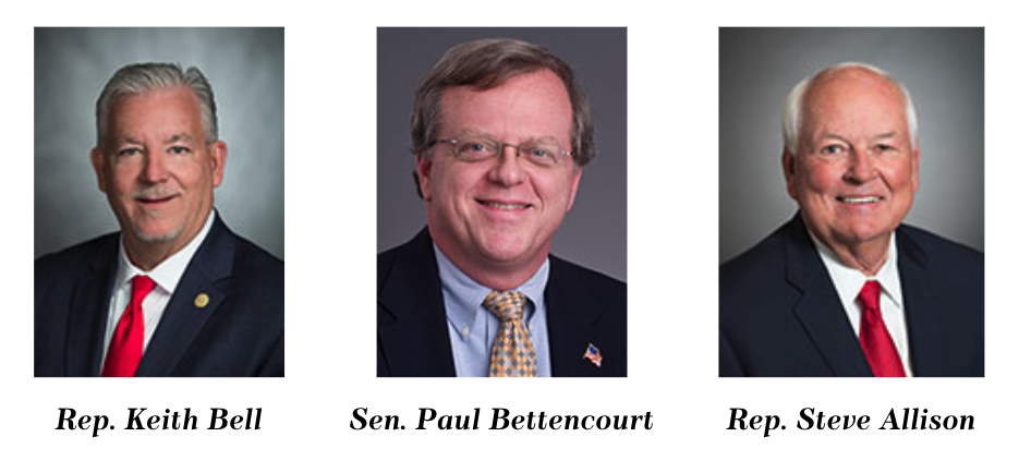 Headshots of Rep. Keith Bell, Sen. Paul Bettencourt, and Rep. Steve Allison