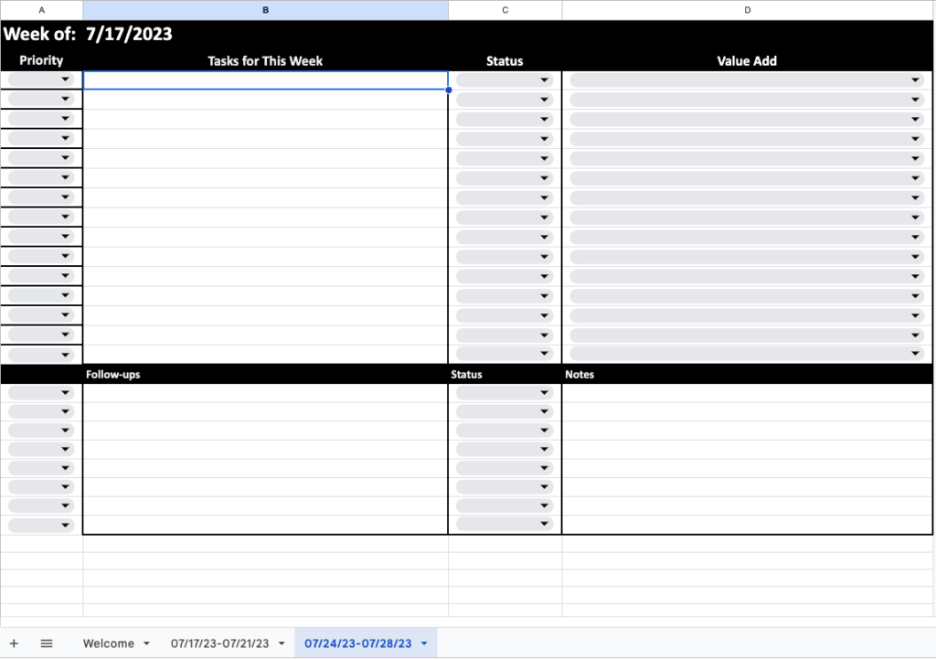 screenshot of Google Sheets Spreadsheet template for Task Tracking