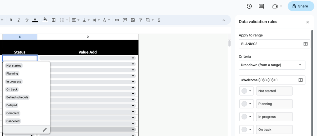 screenshot of Google Sheets Spreadsheet template for Task Tracking drop down menus