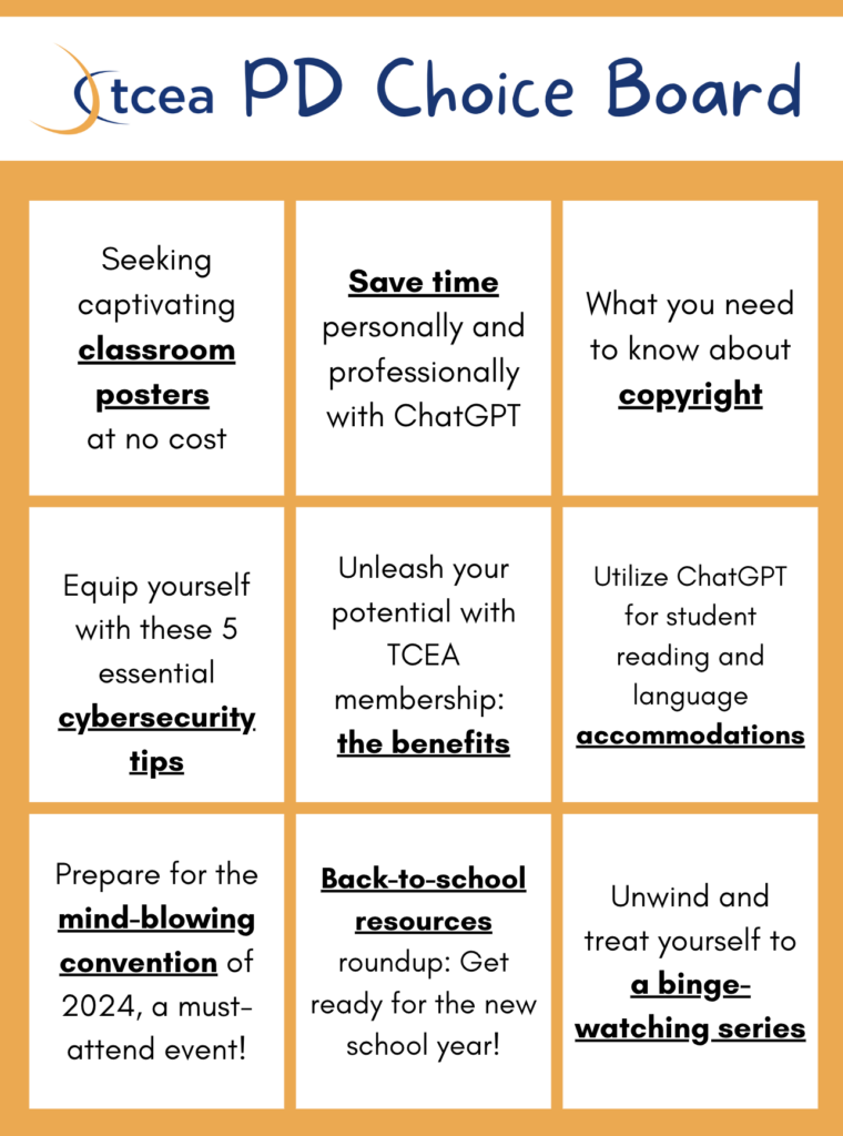 An image of the choice board (linked in text below the image) with a 3 by 3 grid of linked summer activities for educators' learning and leisure.