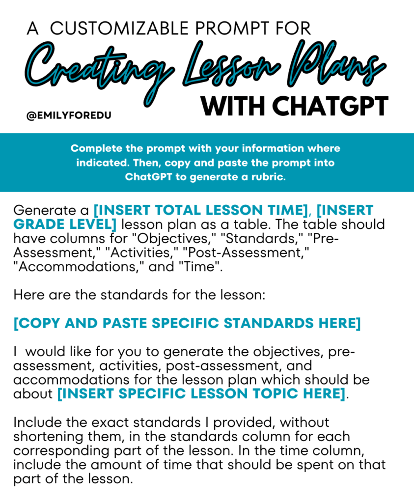 The text for a prompt template to create a lesson plan with ChatGPT. The link to text is just below the image.