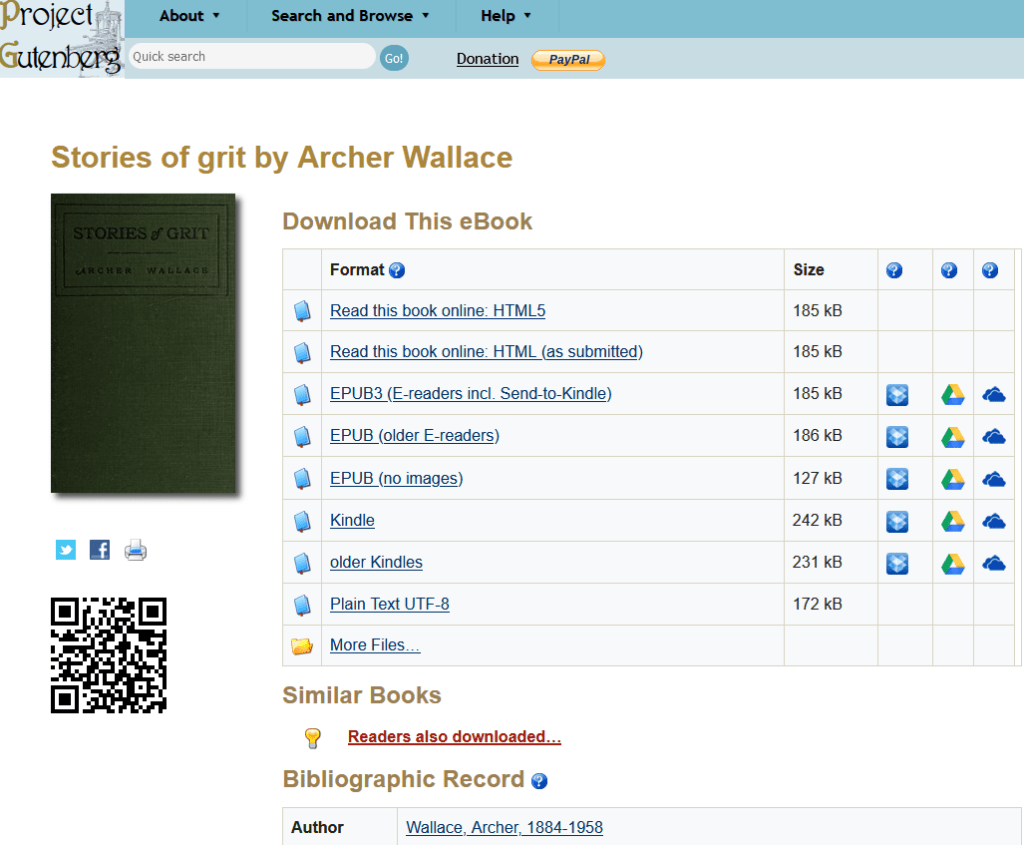Stories of Grit by Archer Wallace in Project Gutenberg with a list of various e-book formats for download.