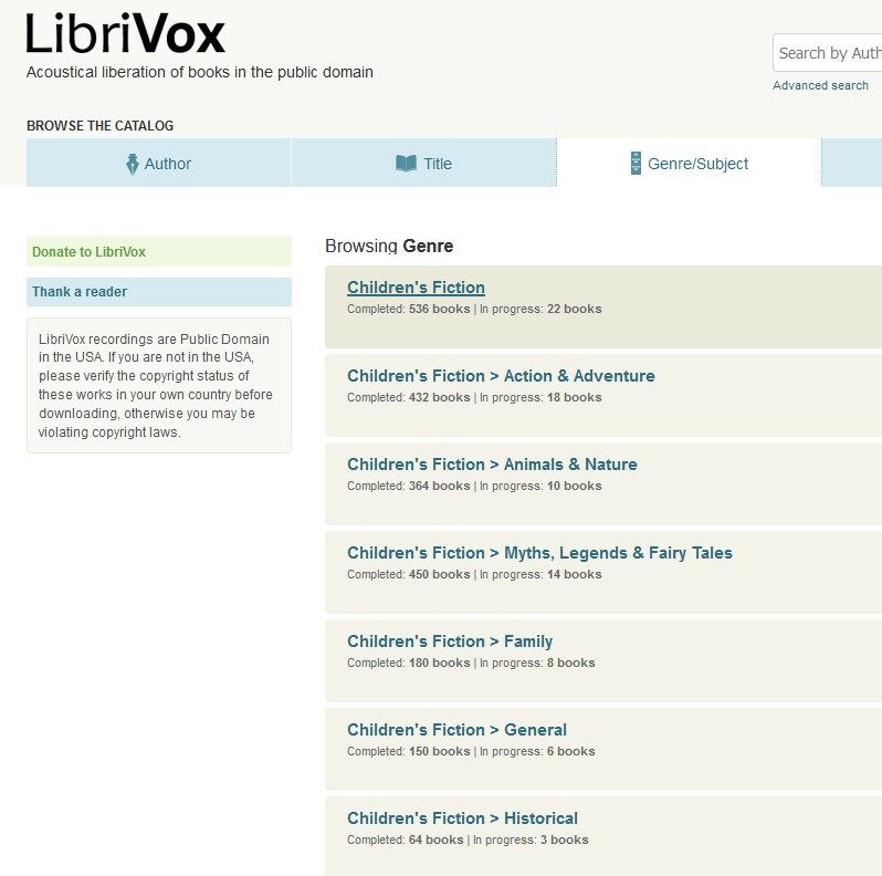 LibriVox's Advanced Search by Genre/Subject Page showing the author browsing children's fiction on the LibriVox site.