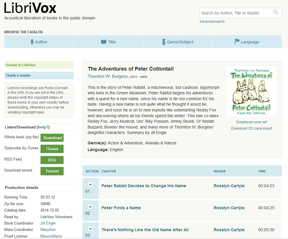 LibriVox's summary, audiobook chapters, and available downloads of The Adventures of Peter Cottontail