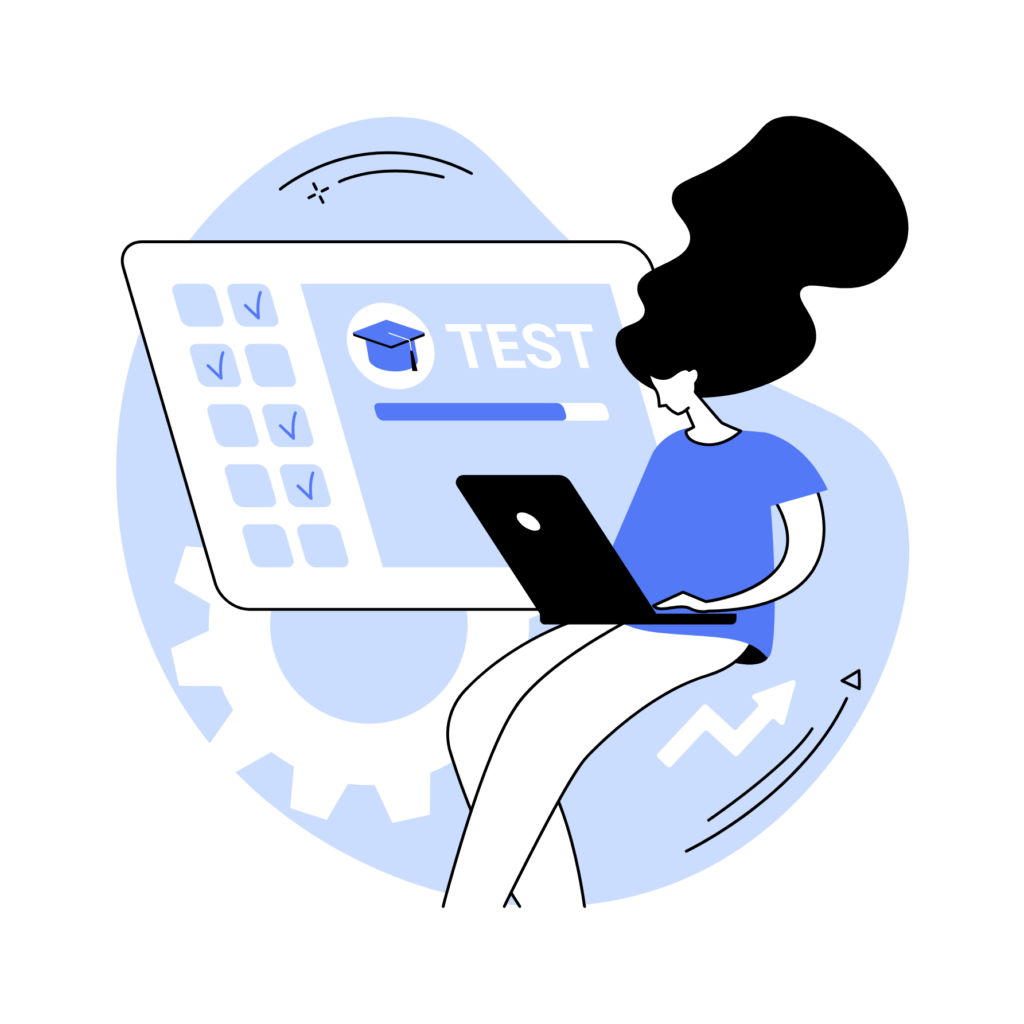 Illustration of a girl sitting with a laptop taking an online test