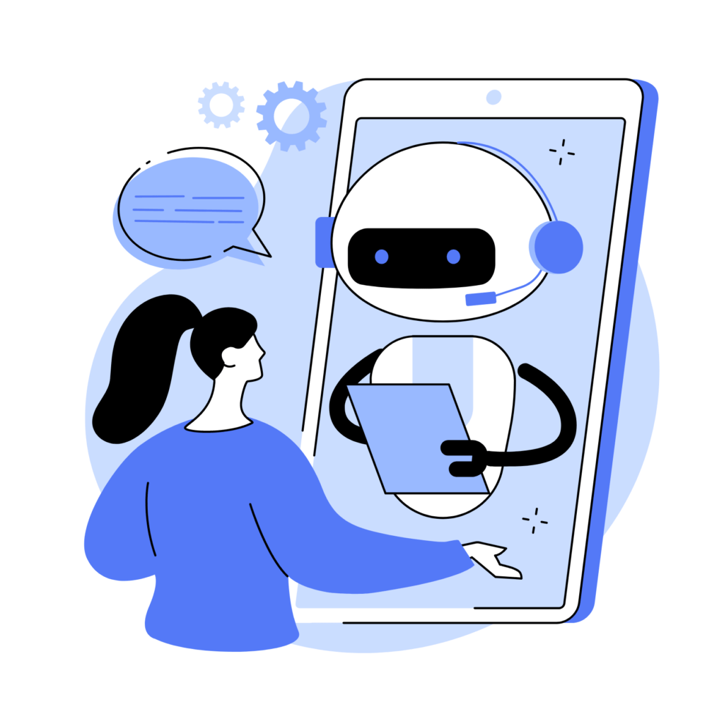A girl standing in front of a screen with a chatbot on it.