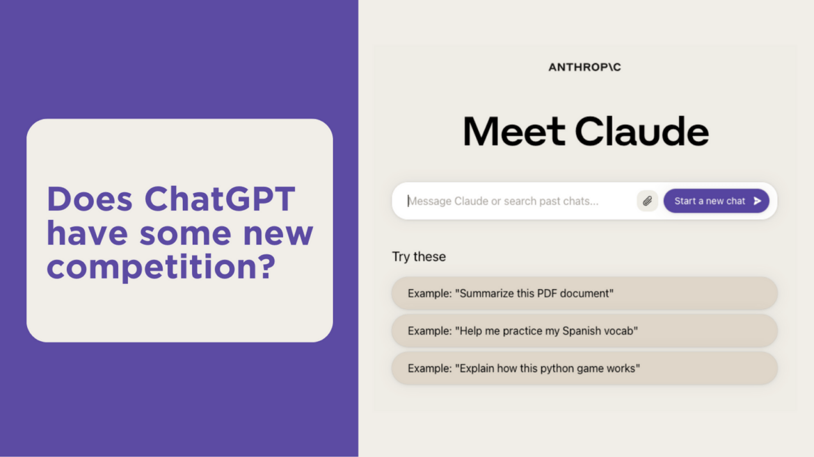 Introducing-Claude-2-Your-New-Best-Chatbot An image of the Claude 2 homescreen on the right with question "Does ChatGPT have some new competition?" on the left.