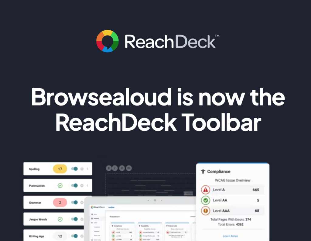 Image of ReachDeck's homepage showing the ReachDeck toolbar for accessibility. 