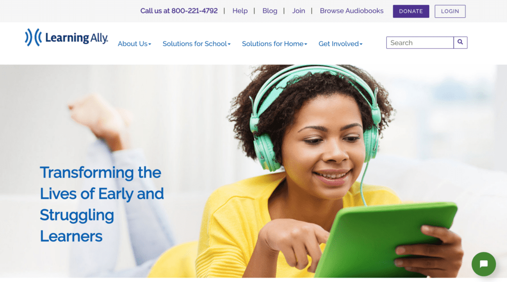 An image of Learning Ally's home page.