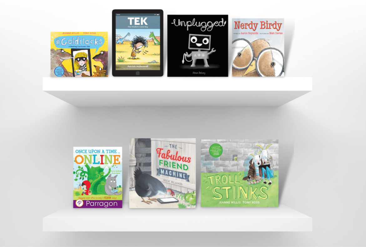 Seven Picture Books with Digital Citizenship Themes Two shelves with the seven book covers from the post on them.