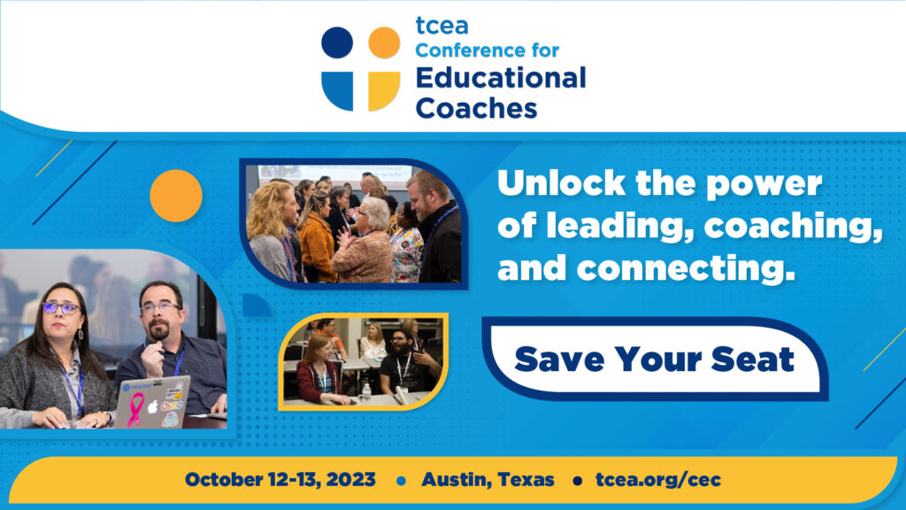 A colorful graphic sharing that CEC is October 12-13, 2023 in Austin, TX with the words: "Unlock the power of leading, coaching, and connecting. Save your seat!" 