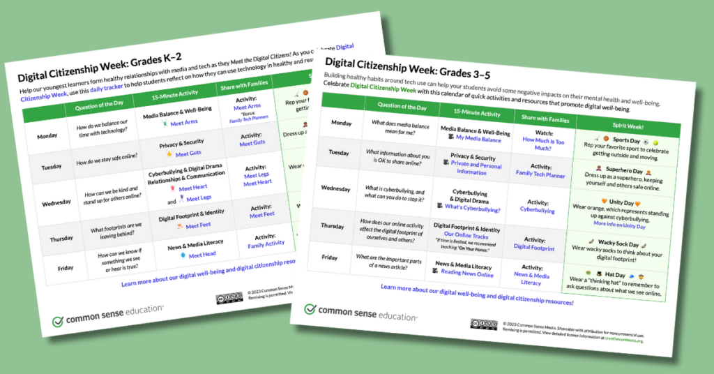 Common Sense Media's Digital Citizenship Week calendars for grades K-2 and 3-5. 