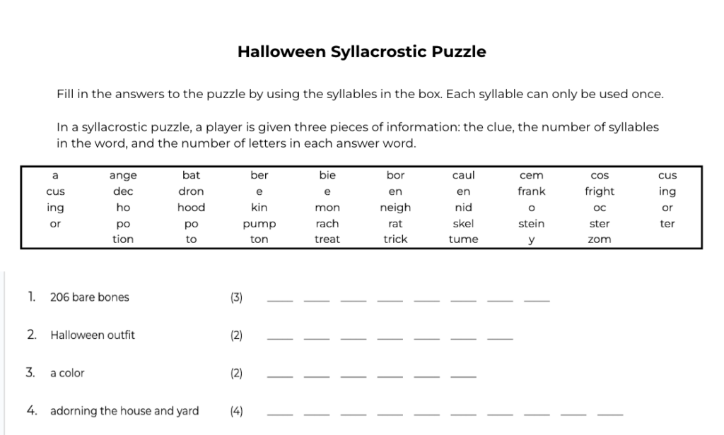 Halloween Syllacrostic Puzzle for a fall-themed activity.