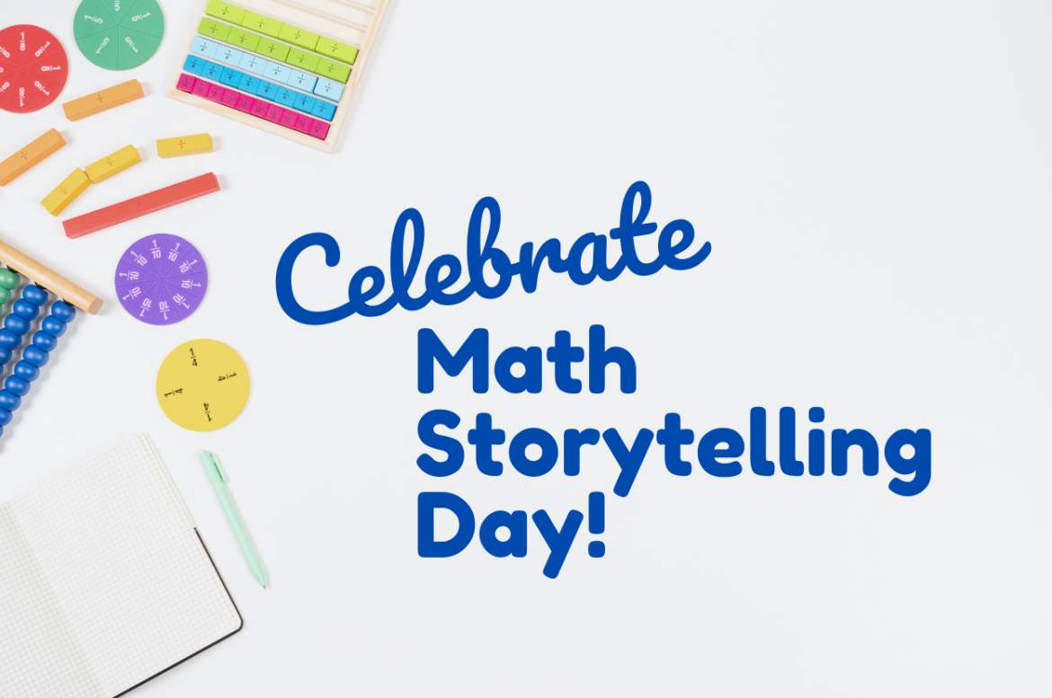 Math Storytelling Day Math manipulatives on a white table with the title "Celebrate Math Storytelling Day!".