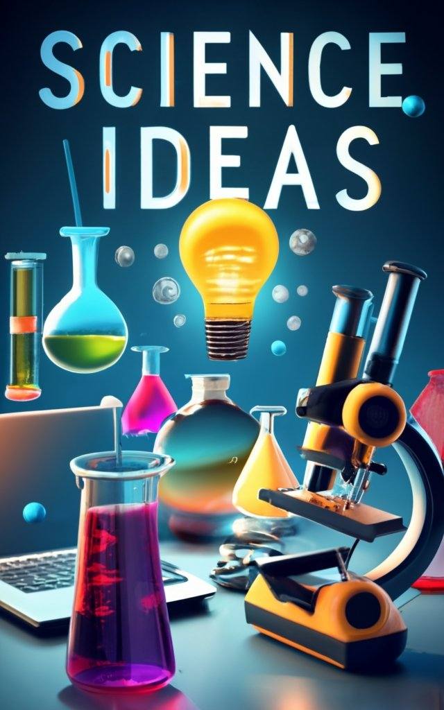 text: "Science Ideas". beakers, microscope, laptop, cell phone, poster, 3d render, cinematic