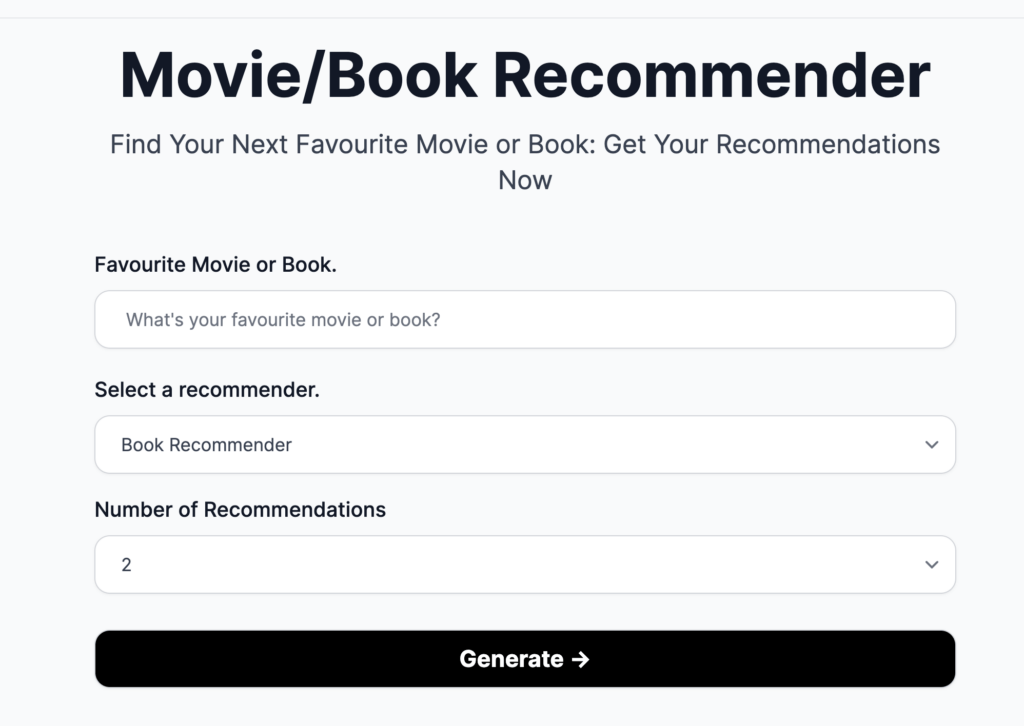 An image of the Movie/Book Recommender tools' website, showing the input options for the tool.