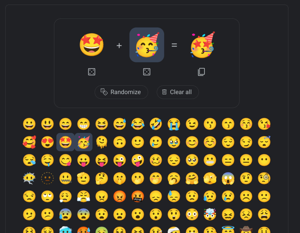 Various emojis shown through Google's Emoji Kitchen with the option to mix two emojis, randomize, or clear all.