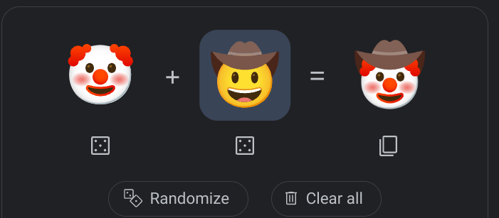 Clown emoji plus a cowboy emoji equals a clown cowboy emoji in Emoji Kitchen.