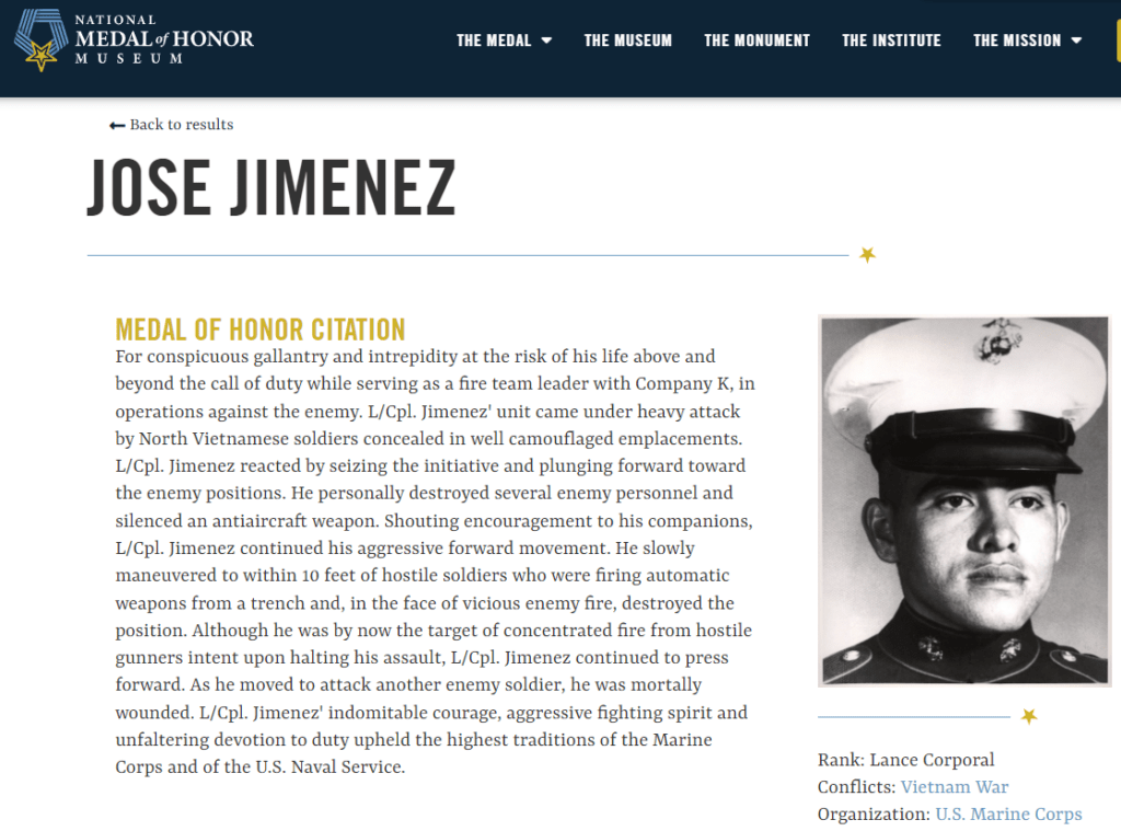 National Medal of Honor Museum Jose Jimenez page