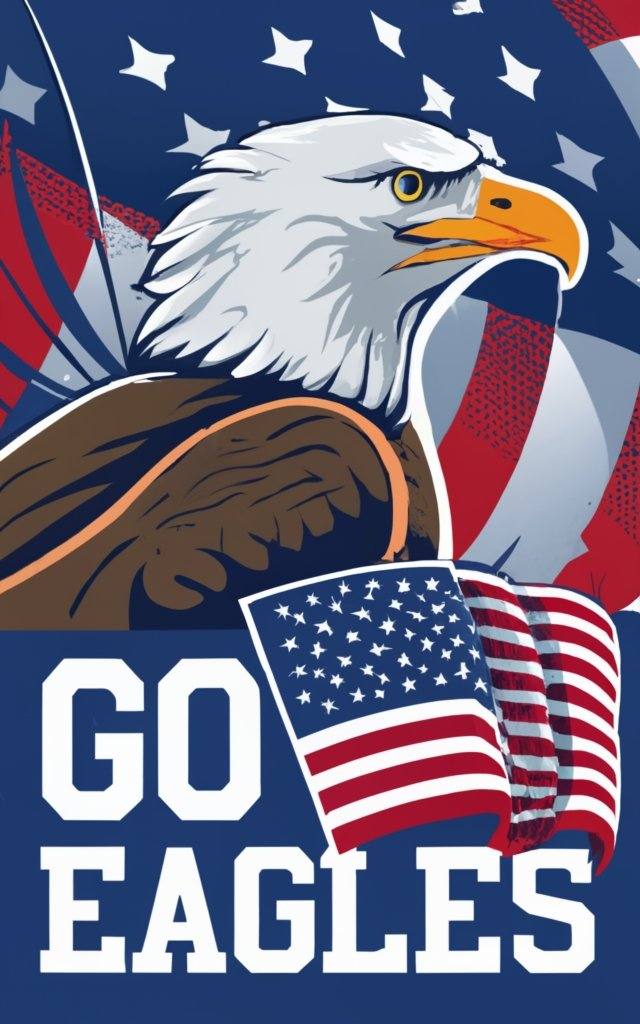 a bald eagle in front. American flag waving in the back. colors: red, white, and blue. Text: Go Eagles!