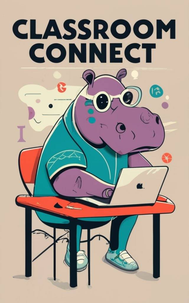 hippopotamus with laptop, flat vector, isolated on a white background, text: Classroom Connect, poster, cinematic