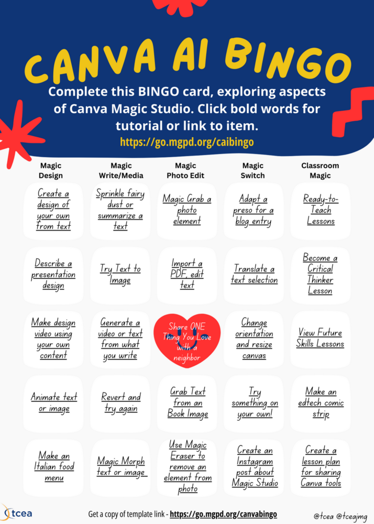 A bingo card with tutorials for Canva's Magic Studio tools. 