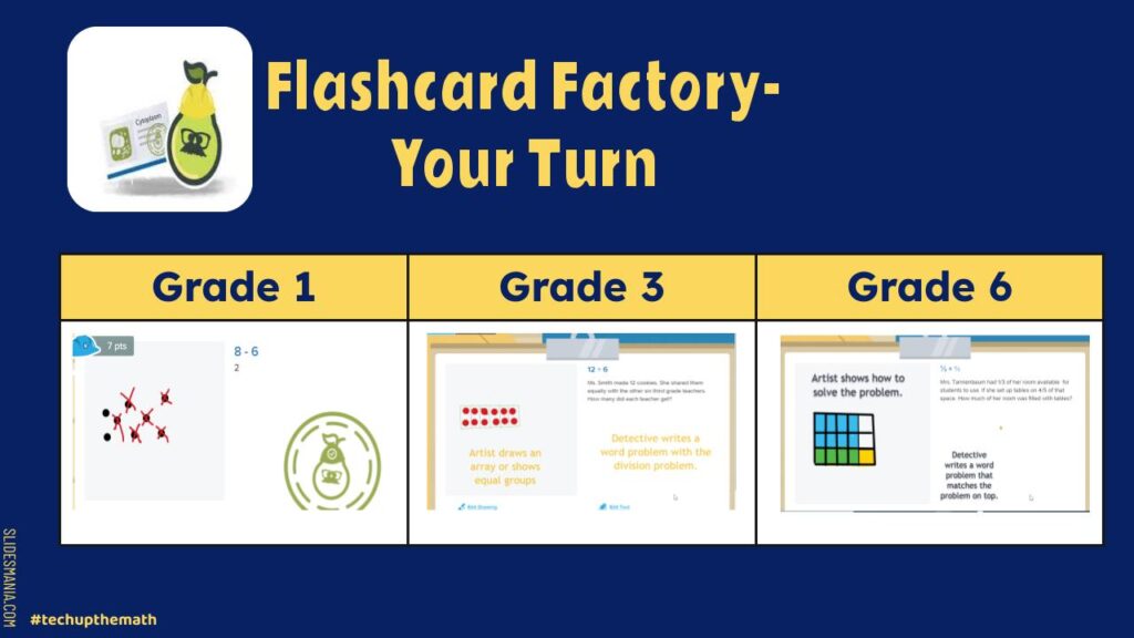 Example Flashcard Factory mathematics activities in Pear Deck for grades 1, 3, and 6. 