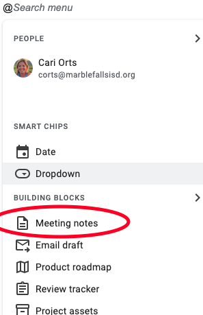 Google Docs @ menu showing Meeting Notes in the dropdown.