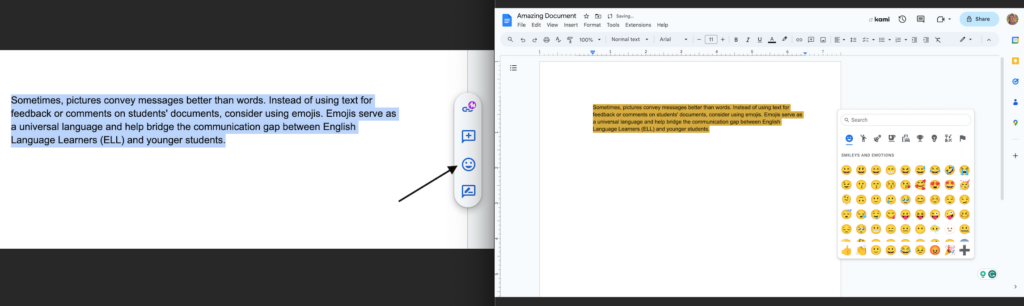Where to find the emoji reaction menu in Google Docs.