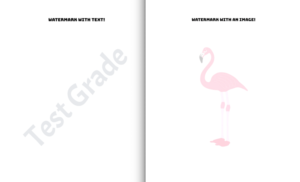 2 Google docs examples with a text watermark reading "Test Grade" and an image watermark of a pink flamingo. 
