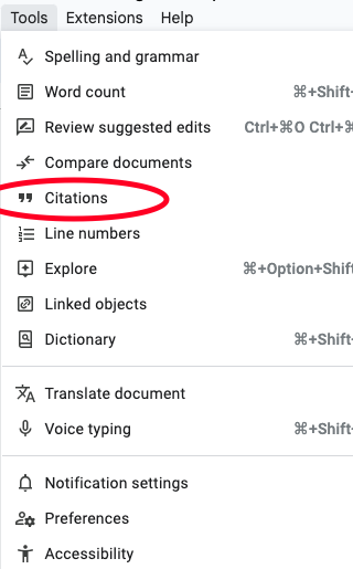 Tools menu showing Citations features in Google Docs.