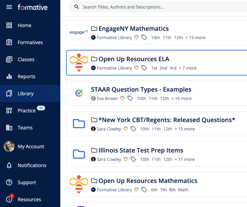 Formative AI Library showing various activities to choose from. 