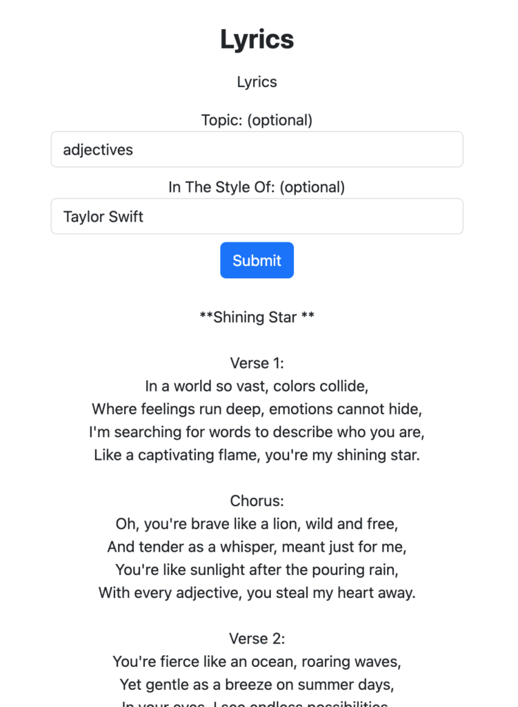 Bored Humans Lyrics Generator AI tool example lyrics on the topic of adjectives in the style of Taylor Swift.