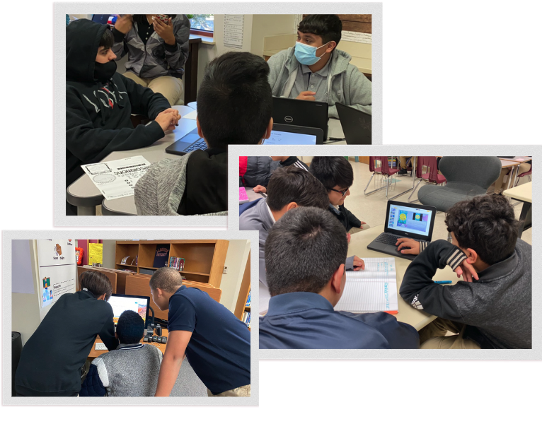 Three photos of students working collaboratively and practicing good digital citizenship during a classroom activity. 
