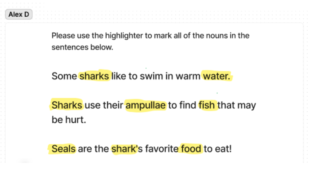 Example science and grammar activity about sharks.