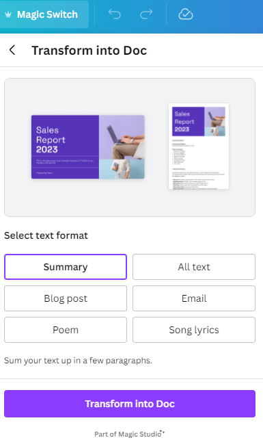Canva's Transform into Doc menu
