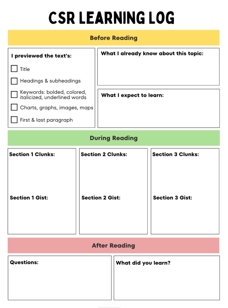 CSR Learning Log Editable Template