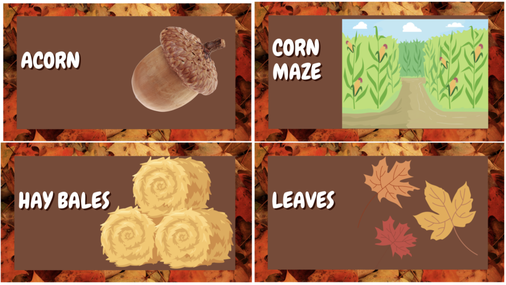 4 examples: acorn, corn maze, hay bales, and leaves.