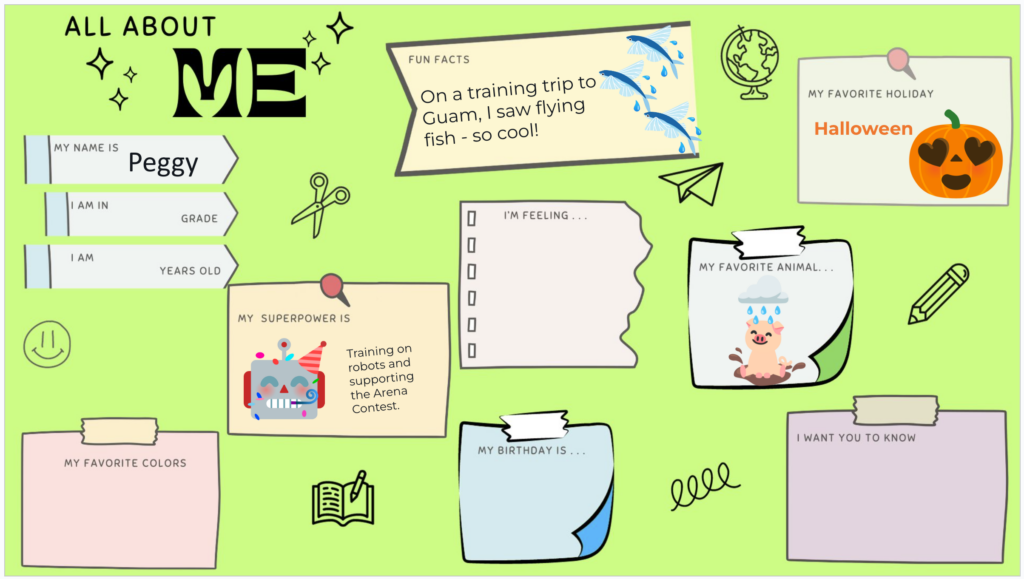 The All About Me graphic including favorite holiday, age, and I want you to know sticky note graphics. 