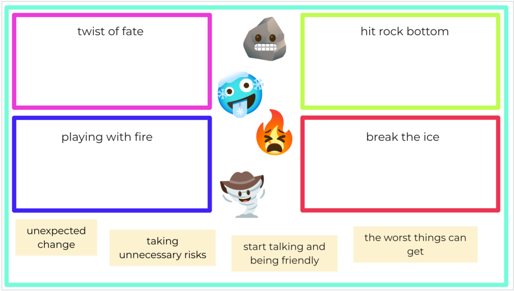 The slide with 4 idioms including playing with fire and break the ice. 