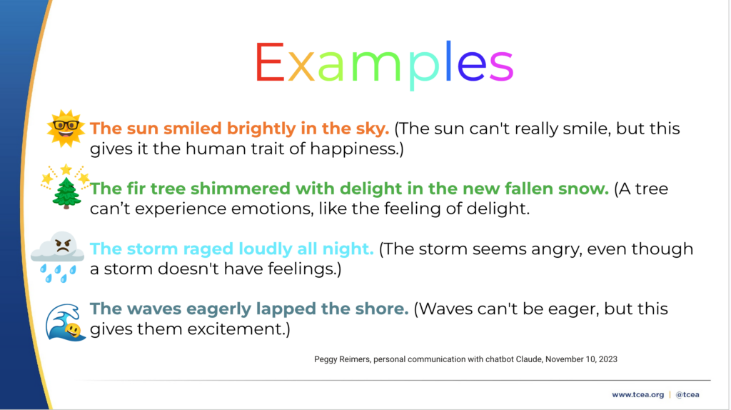 Four personification examples, including The waves eagerly lapped the shore with the mashed up Emoji Kitchen smiley face and the ocean wave. 