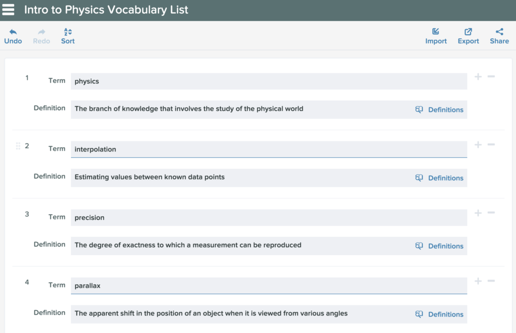 Example Vocabulary List in Flashcard Factory