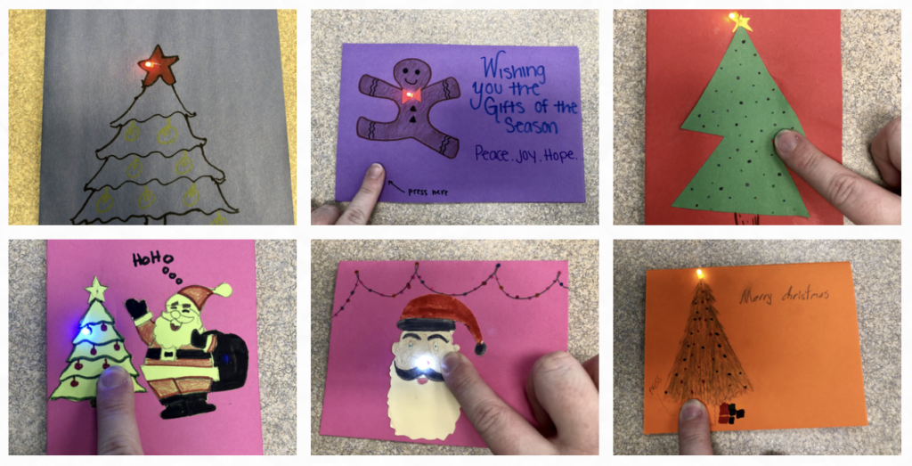 Examples of student cards make with art supplies and light circuits.